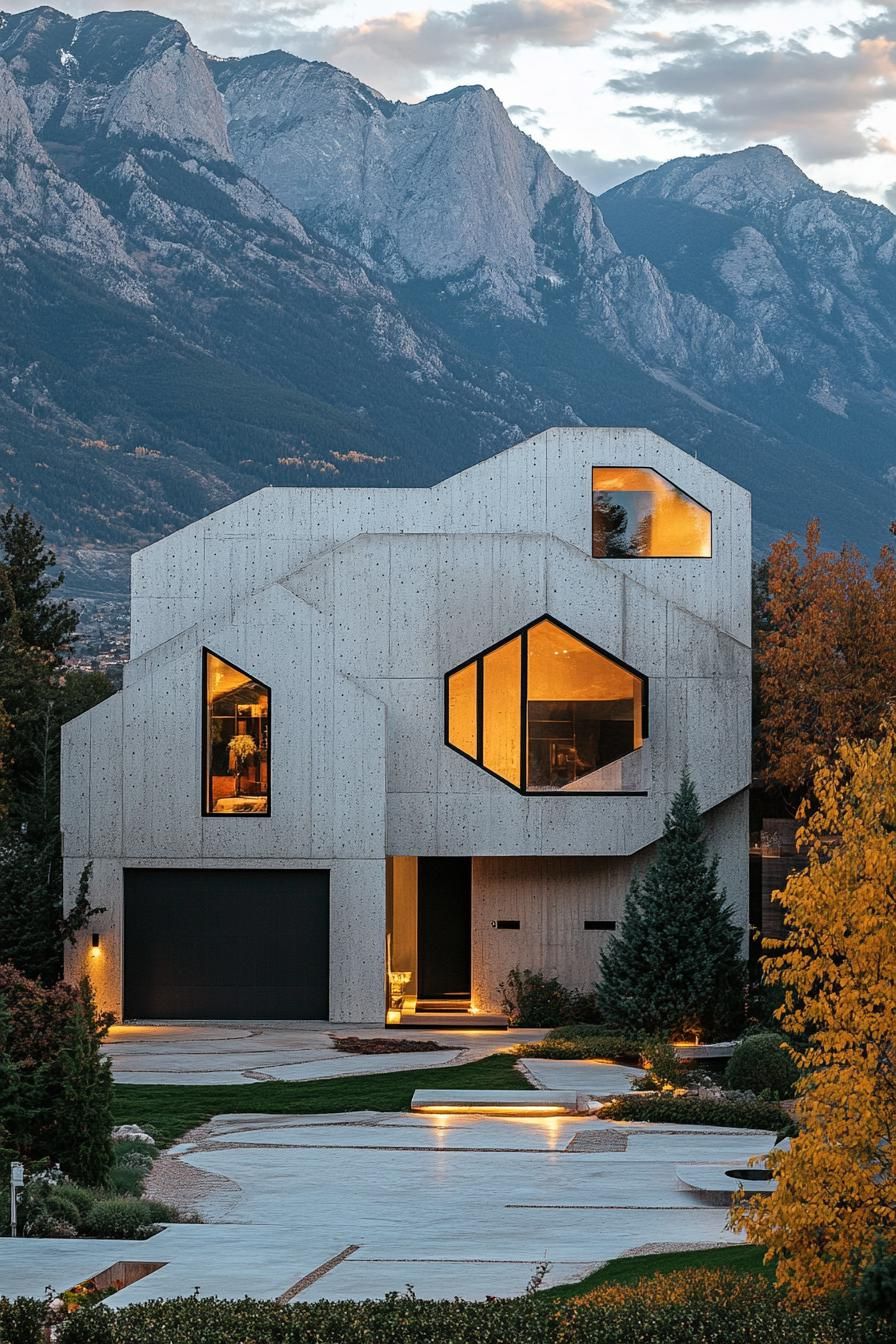modern 90s style house facade with geometric windows stunning mountains in the background 2