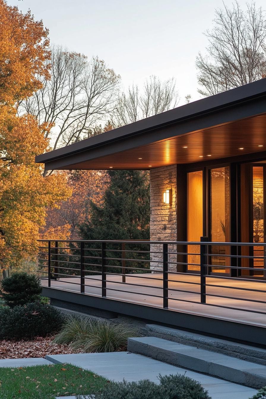 modern century house front porch with metal horizontal railings yard with trees visible 3