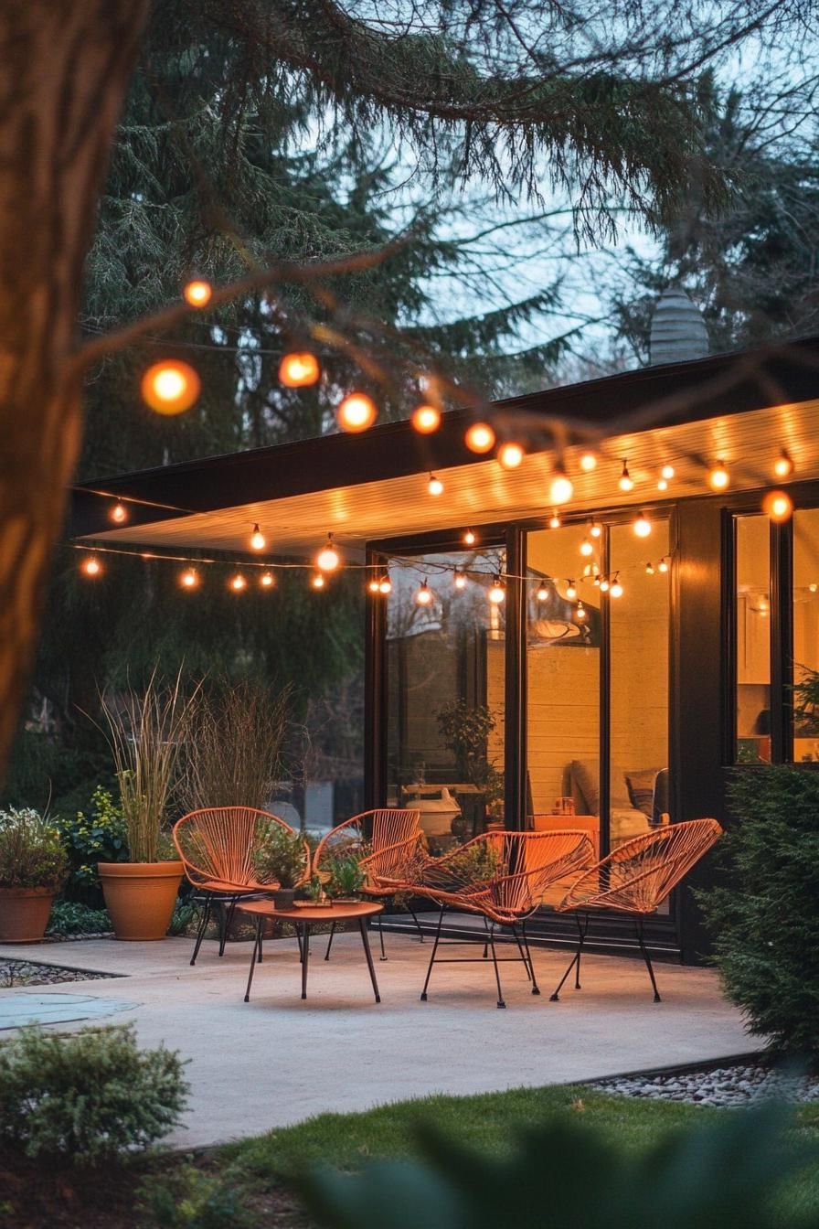 mid century modern house front porch with retro furniture trees with string lights in the yard
