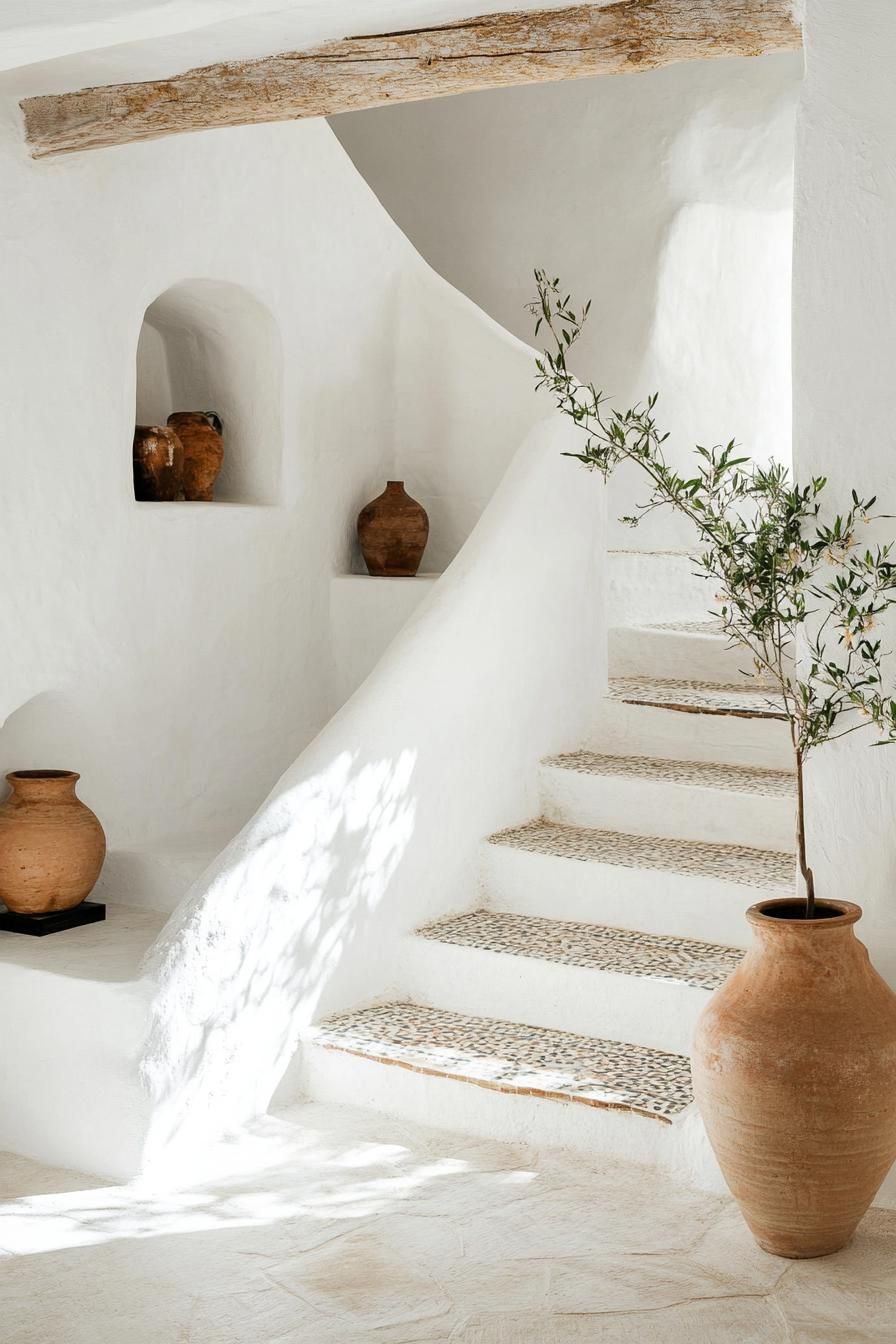 spanish style entryway interior white walls mosaic tile staircase wall decor by staircase with display vases