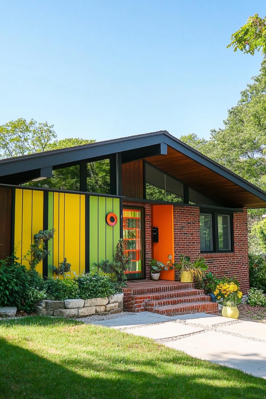 modern 70s style house exterior with brow green and yellow color tones 3