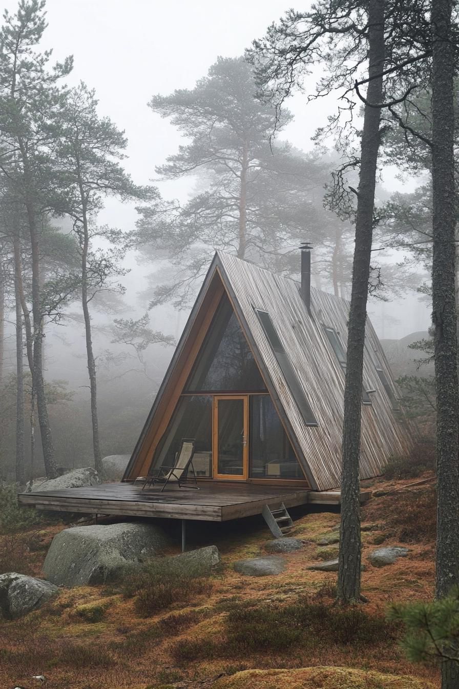 a frame timber prefab cabin house in a misty Scandinavian forest 2