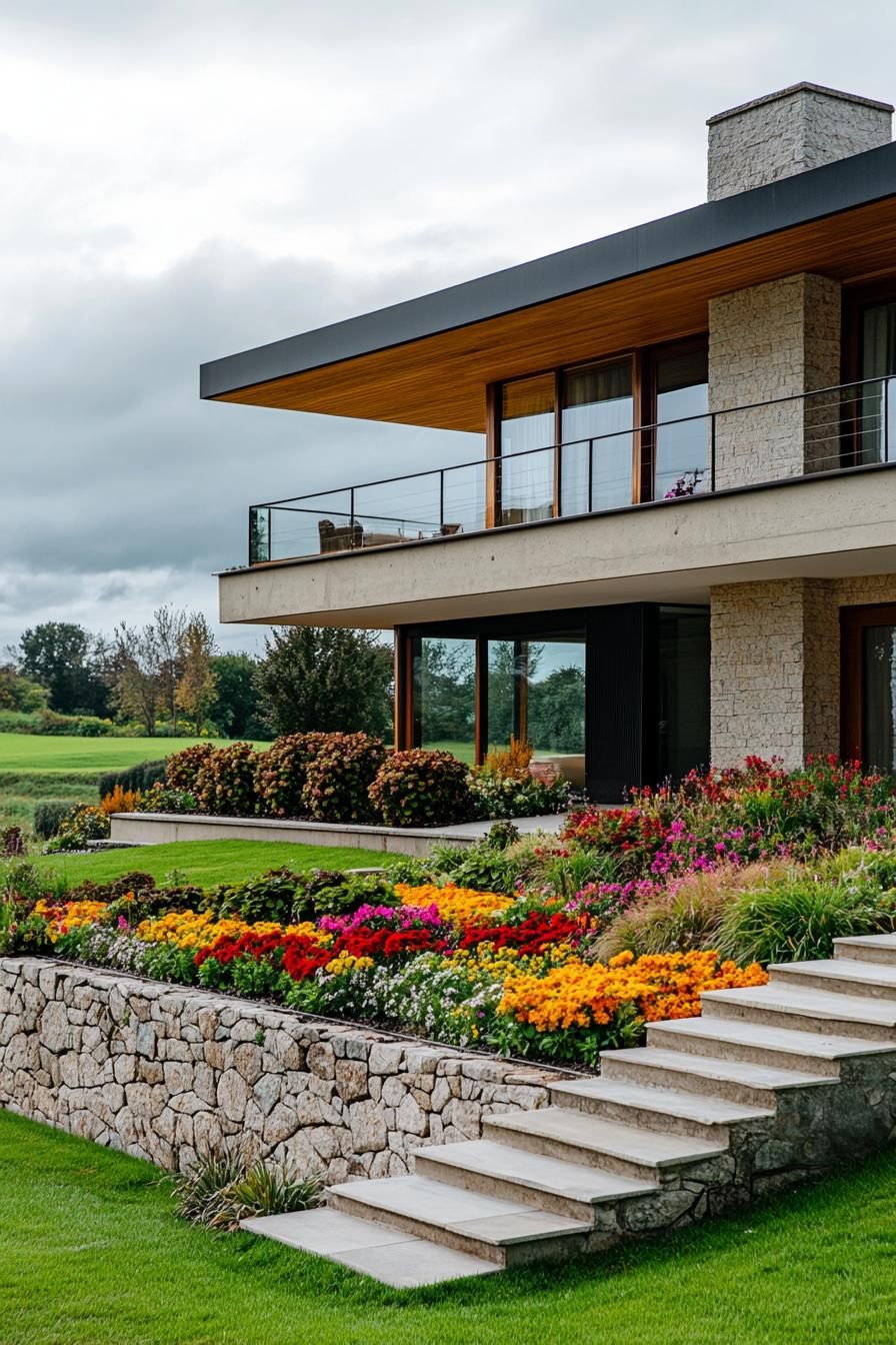 modern 70s style house front yart with stacked stone flower beds in summer stunning green fields in the background