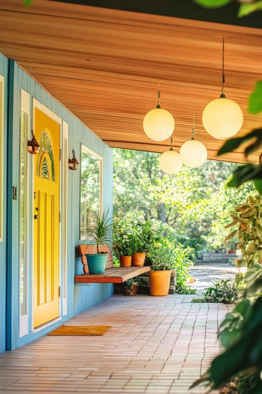 modern 70s style house front porch with retro lighting fixtures in pastel colors 2