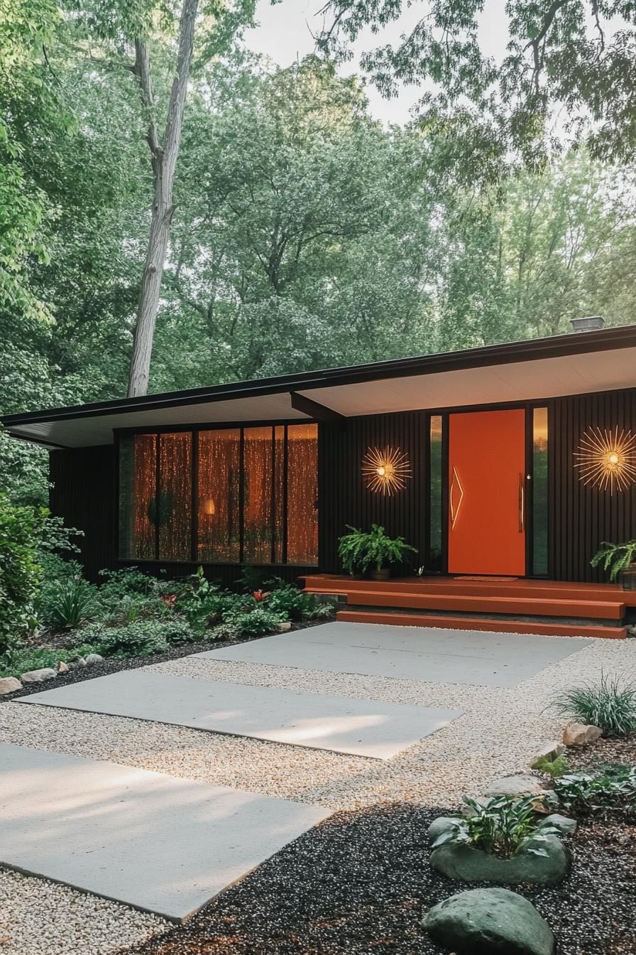 mid century modern house front porch with atomic starburst decor driveway lined with trees leads to the porch 3