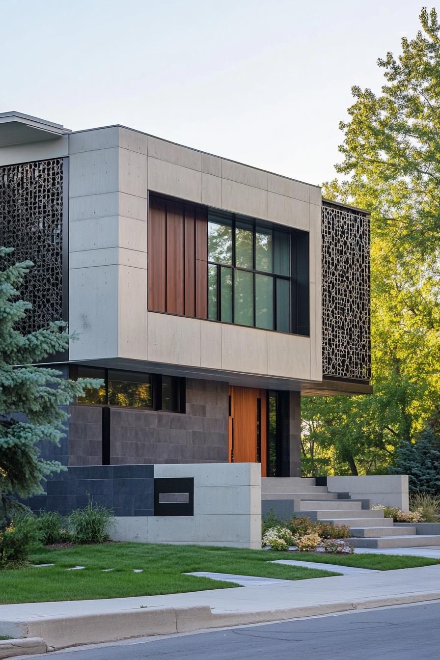 modern house with precast concrete facade with geometric patterns suburban neighborhood in summer 3