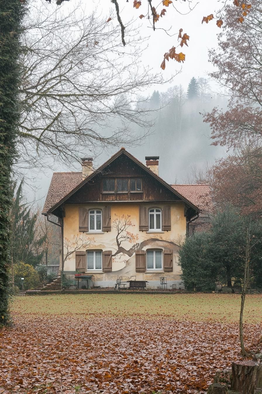 modern French chalet house facade accent wall with colored Alpine mural painting yard surrounded by leafless trees misty weather 2