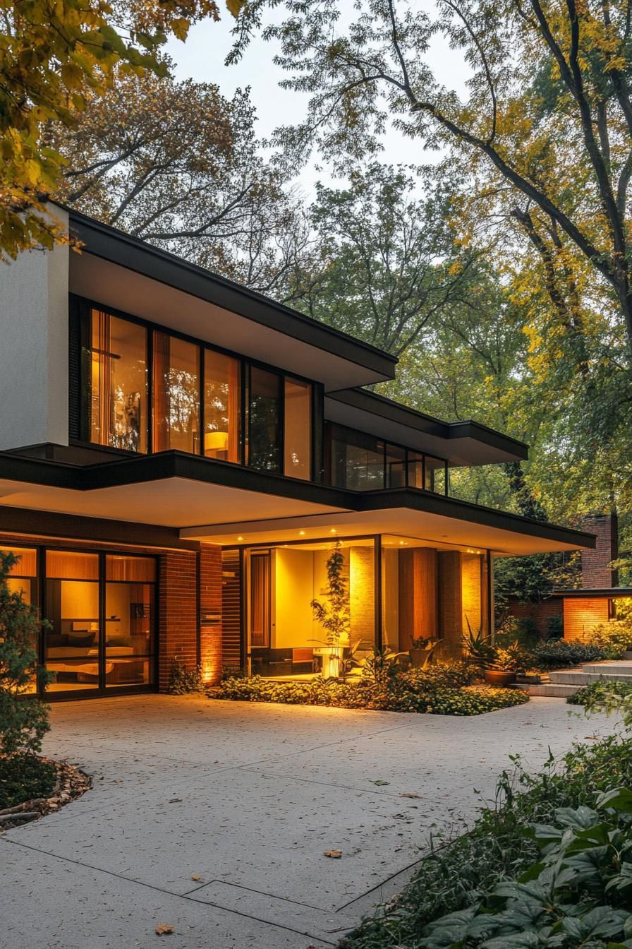modern 70s style house exterior with flat roof and large eaves in suburban tree lined alley 3