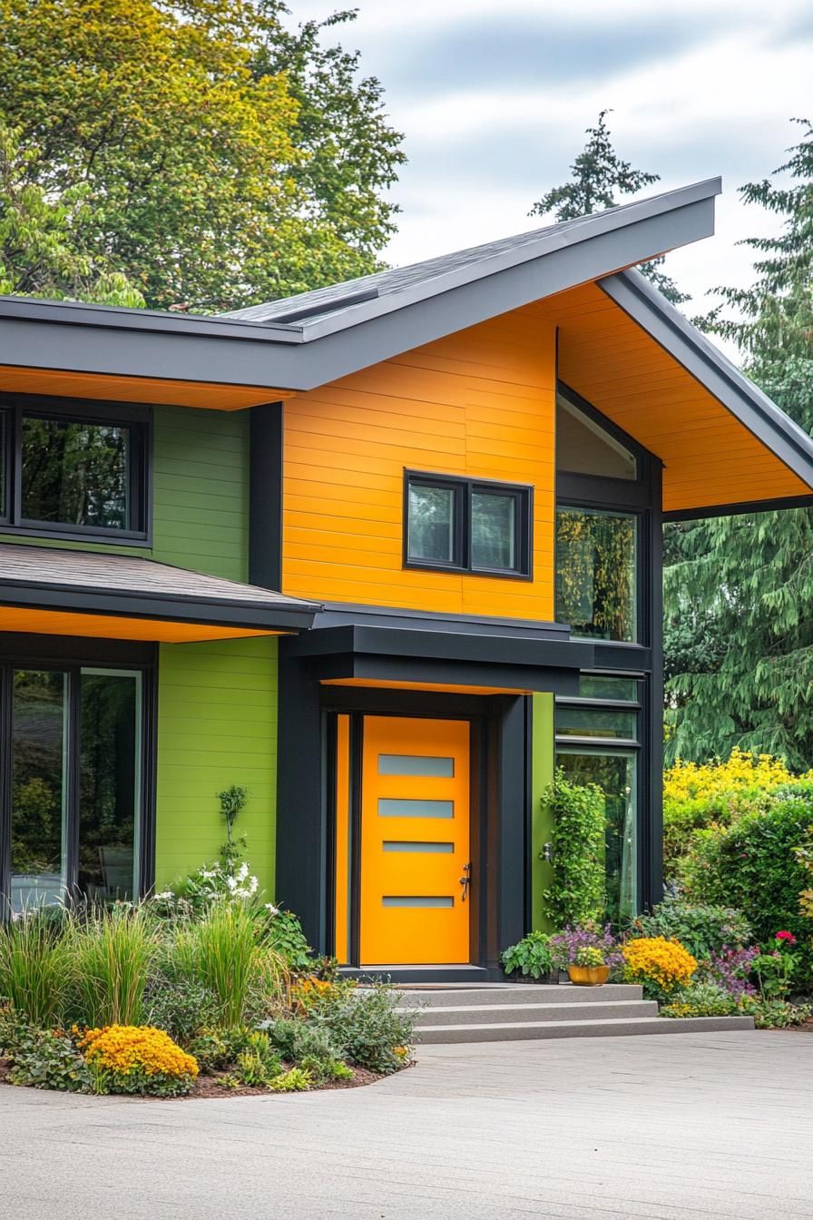 modern 70s style house exterior with brow green and yellow color tones 1