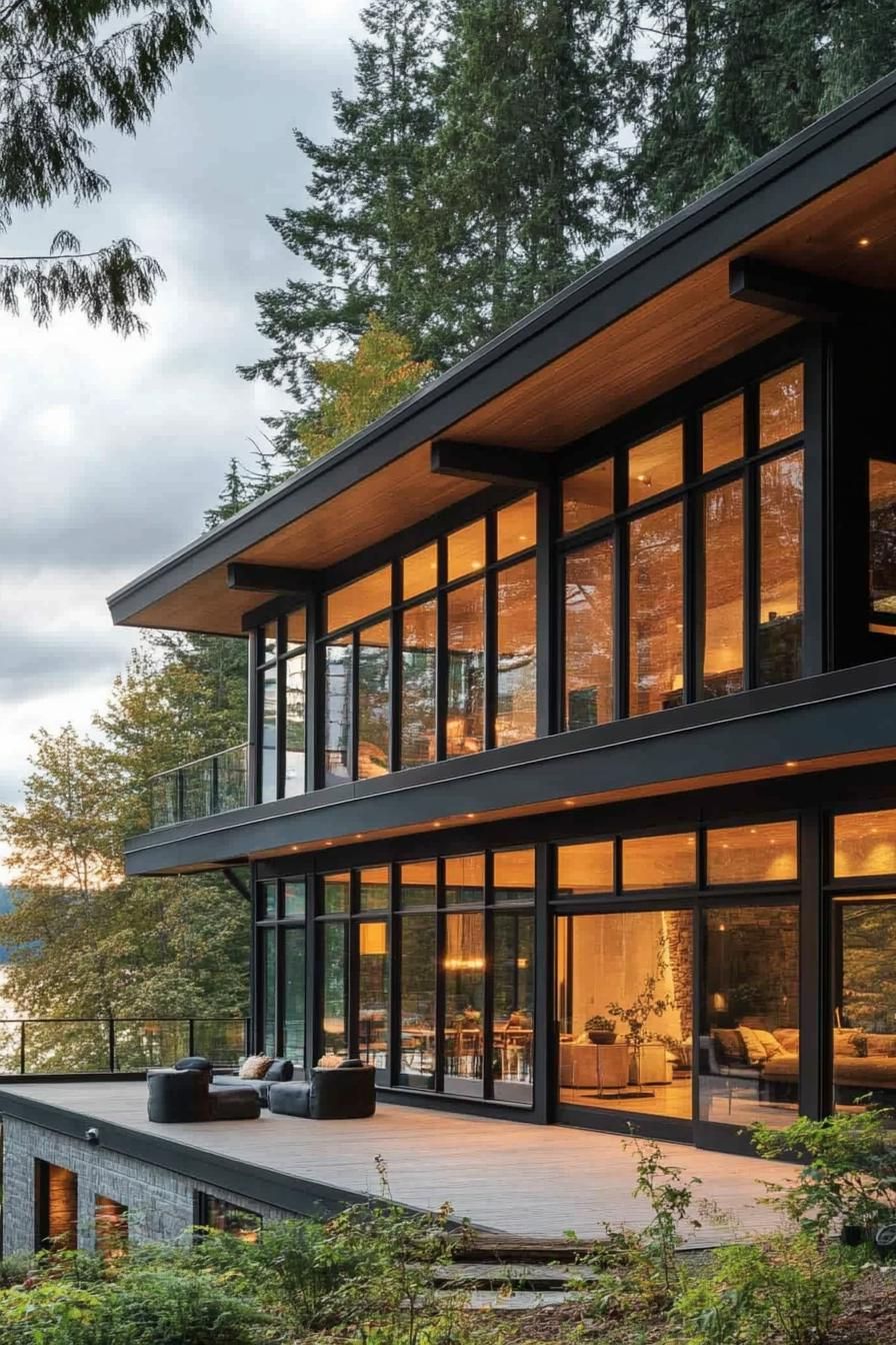 modern 70s style house facade with large floor to ceiling windows lakeside forest view 1