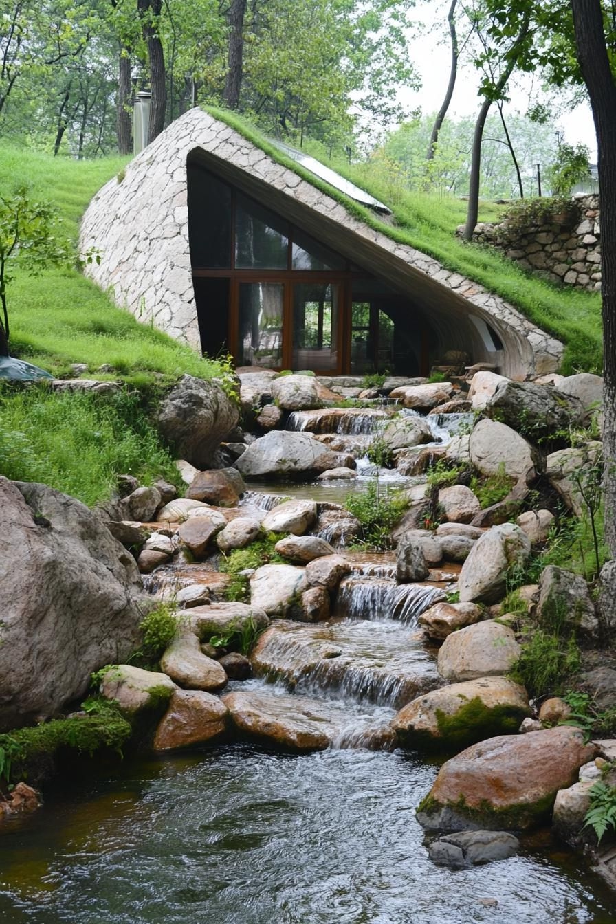 modern earth sheltered house built into a hill by a rocky river with waterfall 2