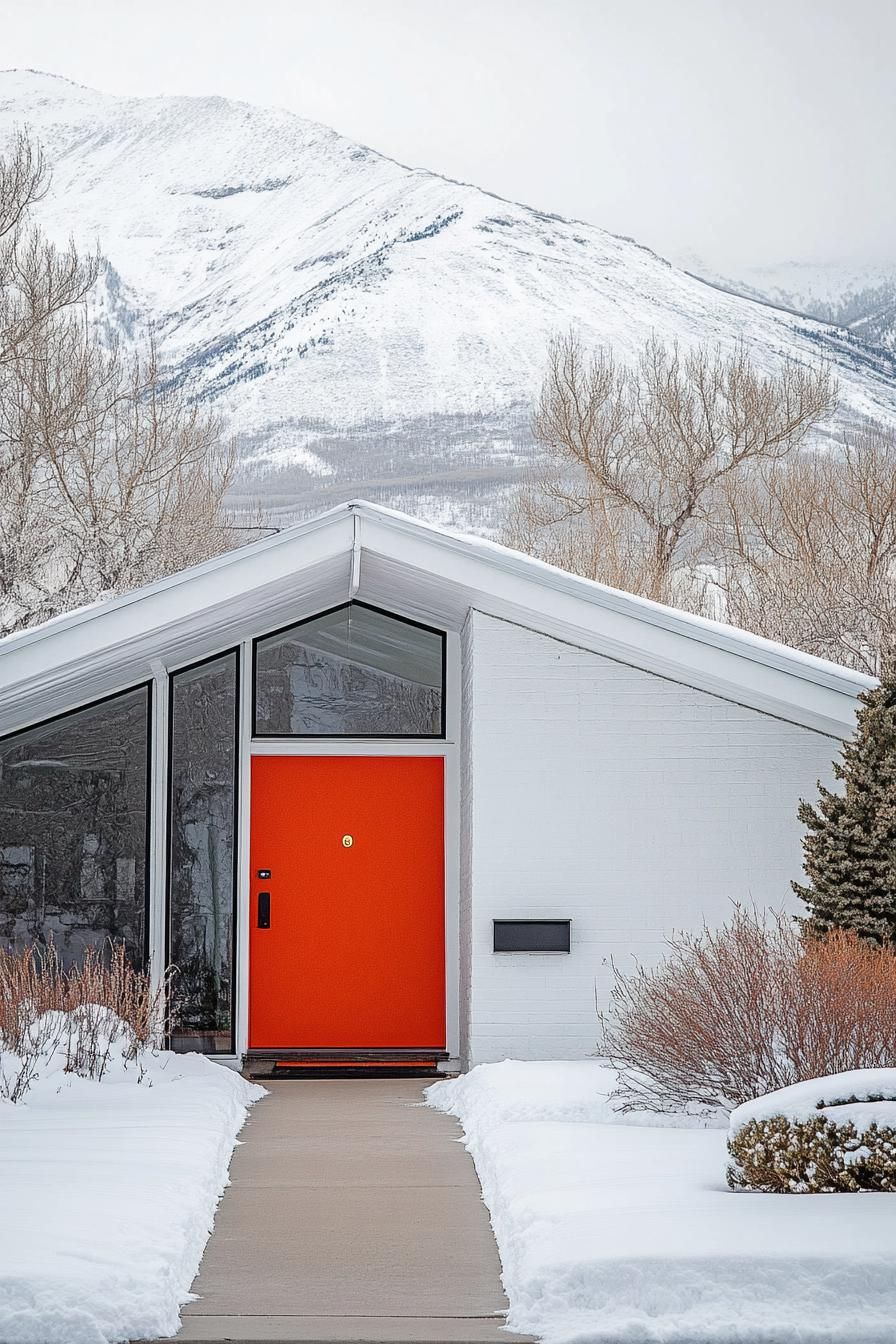modern 70s style house exterior with vibrant shade of red front door imposing white mountain in the background in winter 1