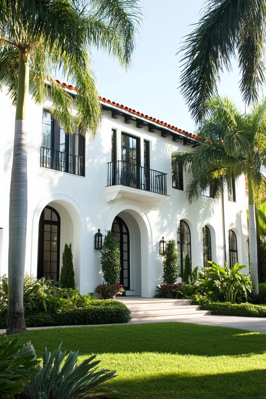 modern white spanish house facade with arches arched modern windows in black trim front yard with green lawn tall palms 1