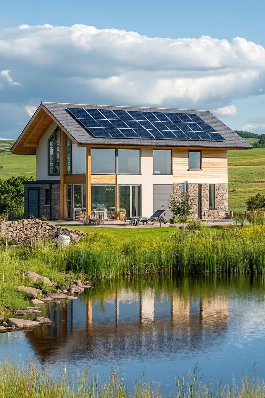 modern timber cabin house with solar panel roof by a lake in open green fields