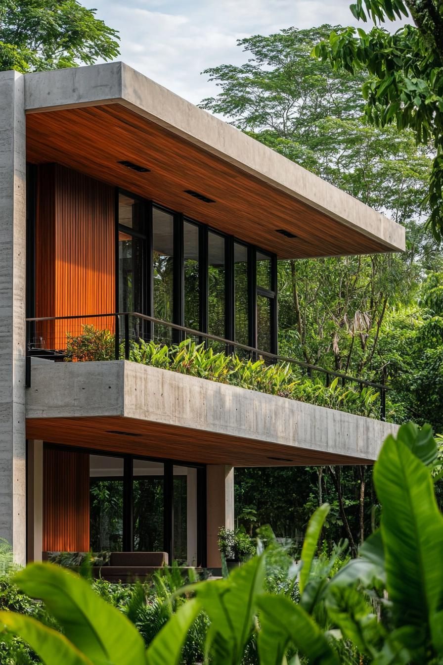 modern house with precast concrete facade with faux wood grain texture lush green forest in the background 2
