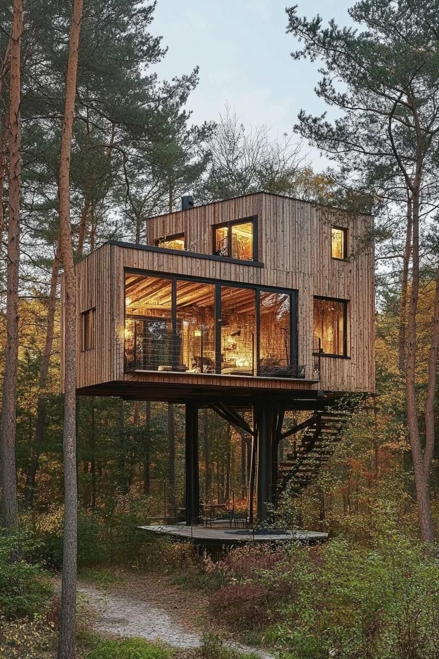 modern treehouse timber cabin home in a stunning pine forest with high trees 2