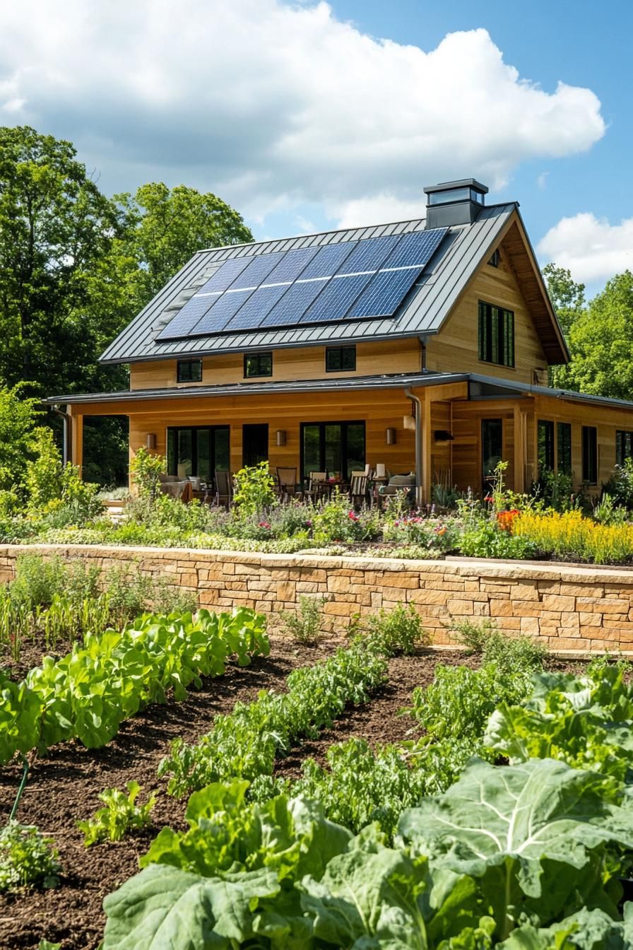 modern rural house with traditional roof and solar panels lush veggie garden in front 1