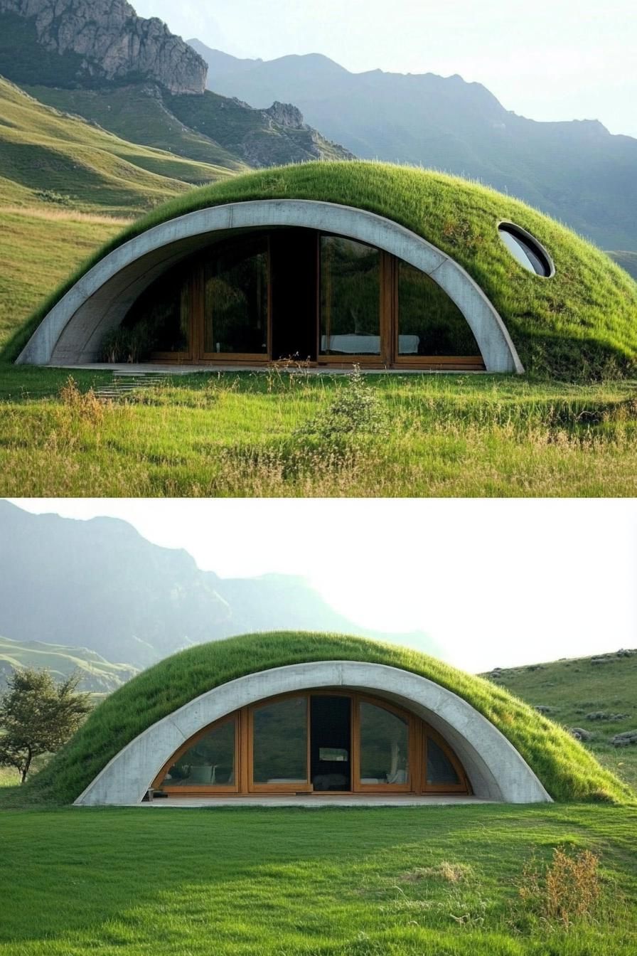 modern earth bermed dome house with grass covered roof in beautiful green valley