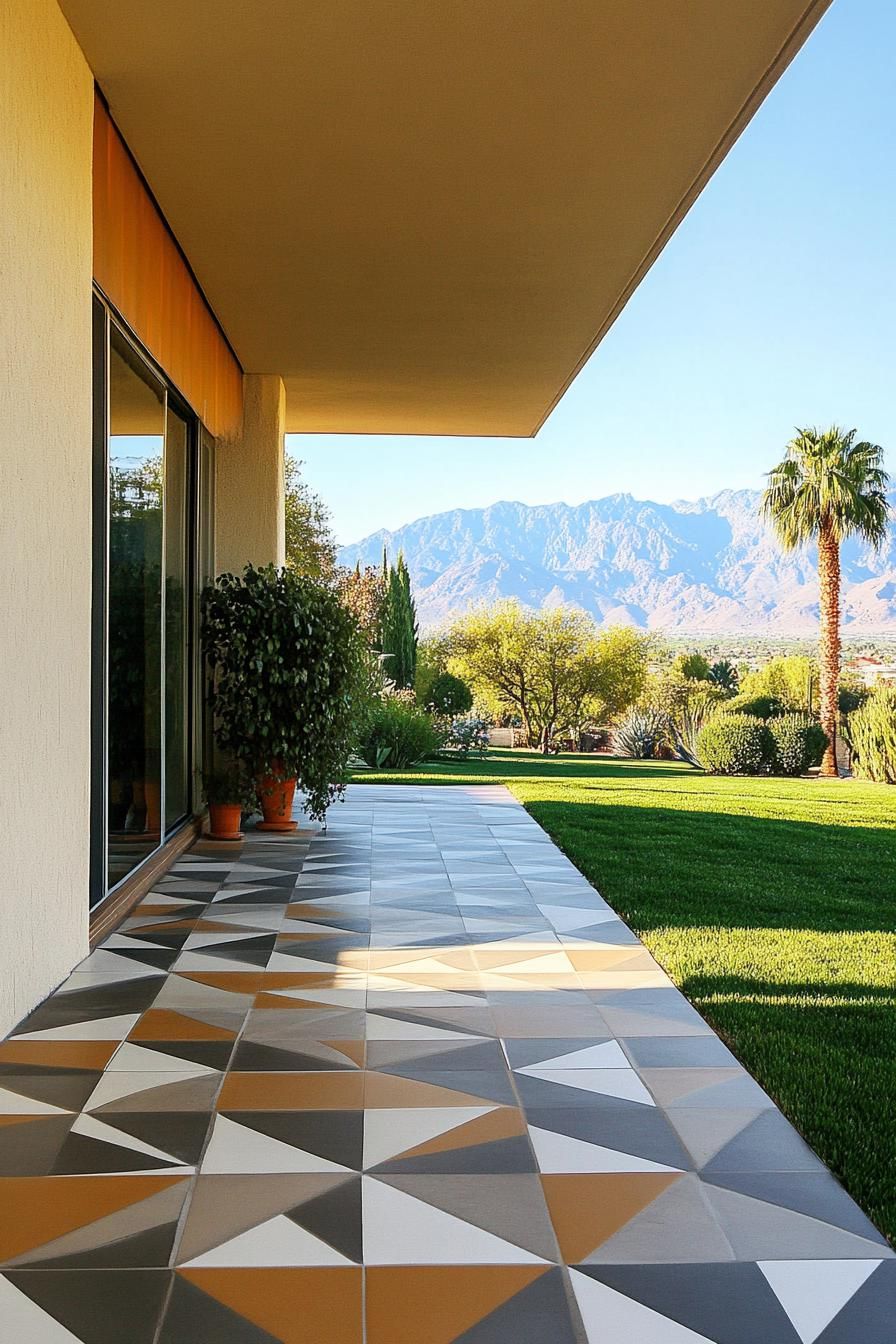 mid century modern house front porch with geometric tile floor green valley in the background 2