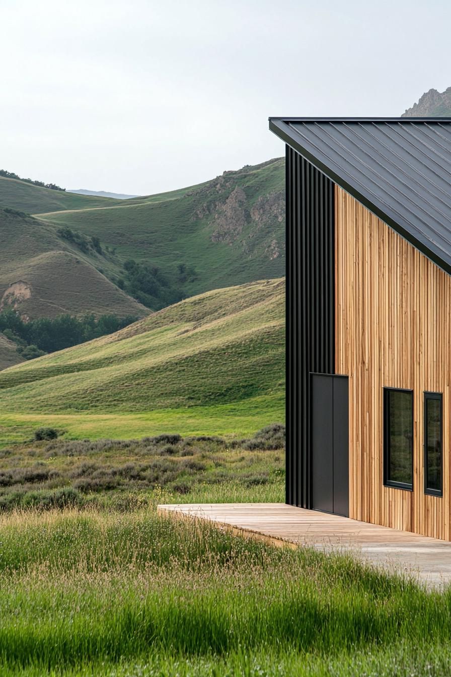 modern rural industrial steel house facade with wood cladding in green hilly valley 3