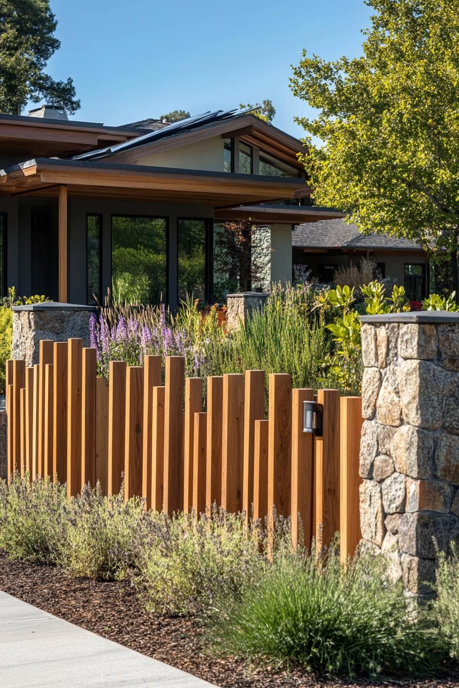 modern 90 style house front yard with wooden slat fence and stone fence posts hill village in the background 1