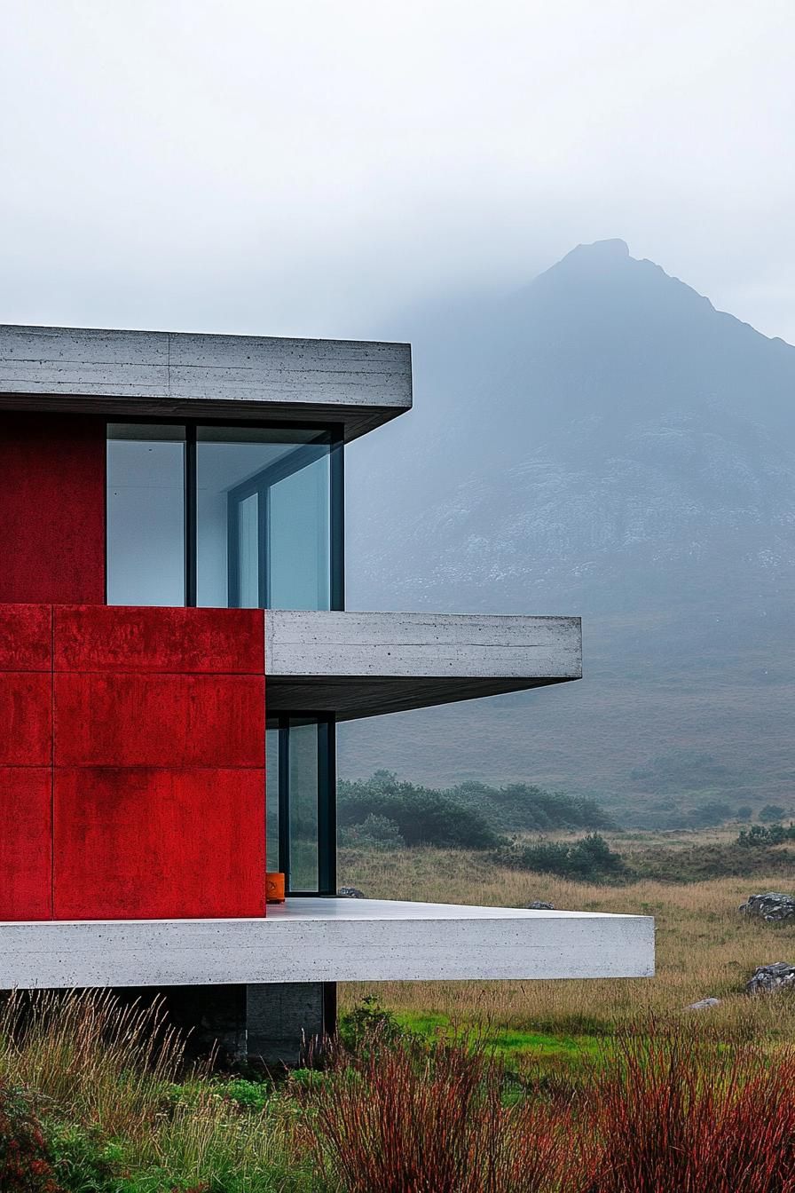 modern house with precast concrete facade with vibrant red sections misty ominous mountain in the background 2