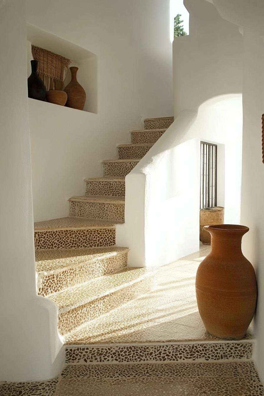 spanish style entryway interior white walls mosaic tile staircase wall decor by staircase with display vases 2