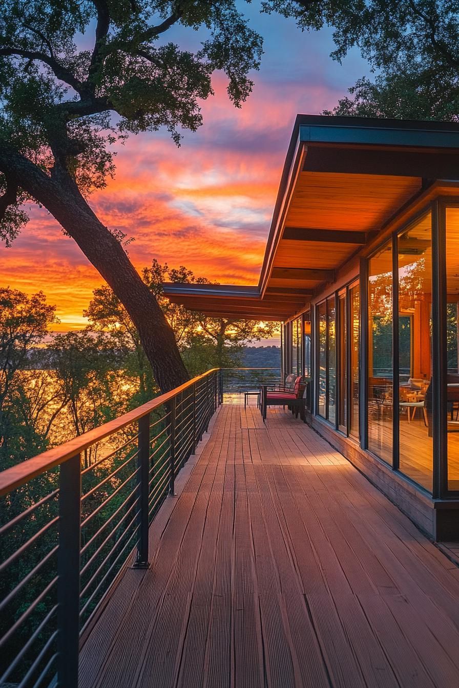 mid century modern cabin with wraparound decks with metal railing lakeside hill sunset 3