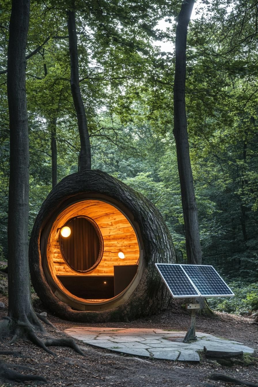 modern cabin built into a large tree trunk in a forest with a solar panel standing nearby
