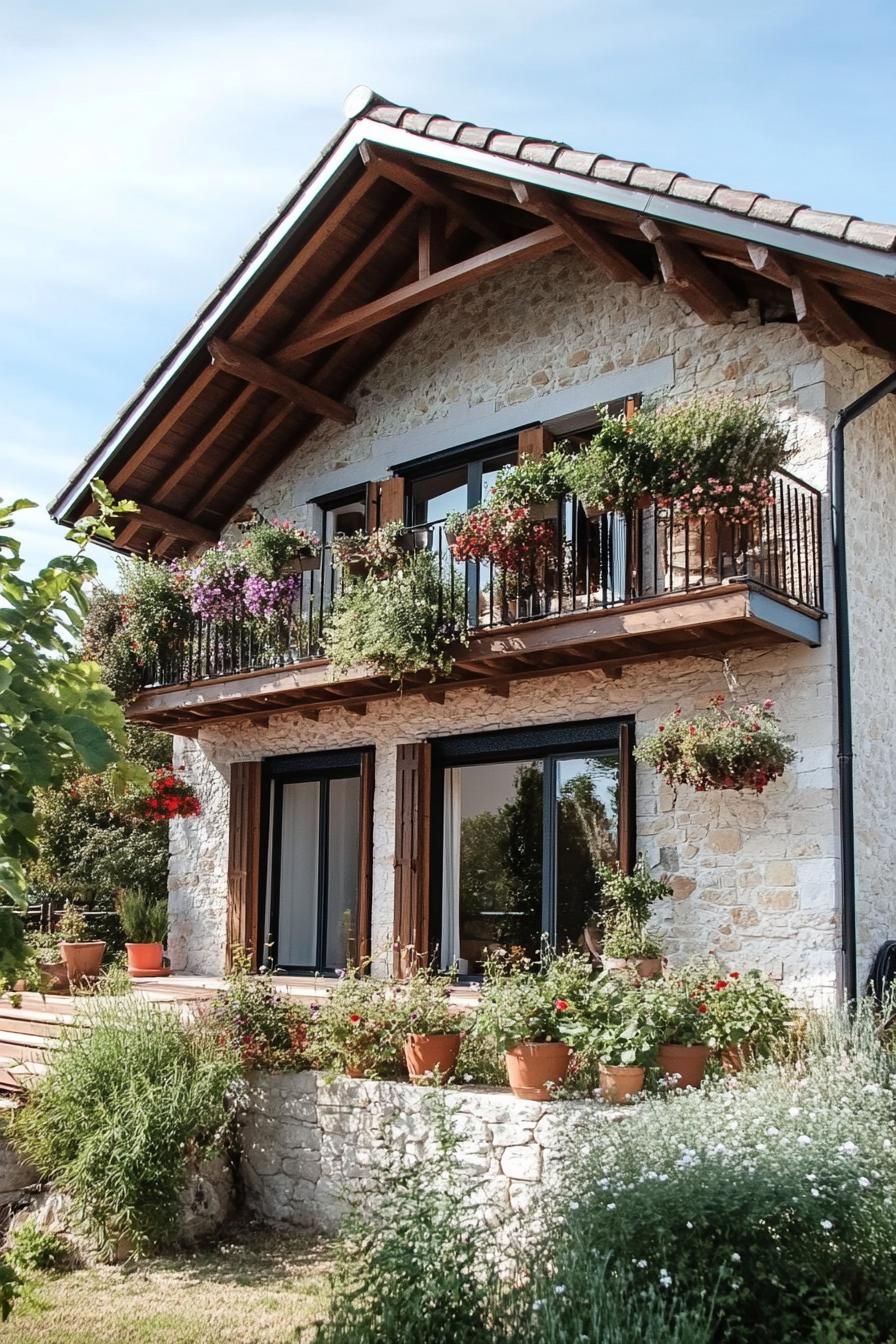 modern French chalet modern house facade with large balcony around the entire house with hanging flower pots beautiful provencal farm landscape 1