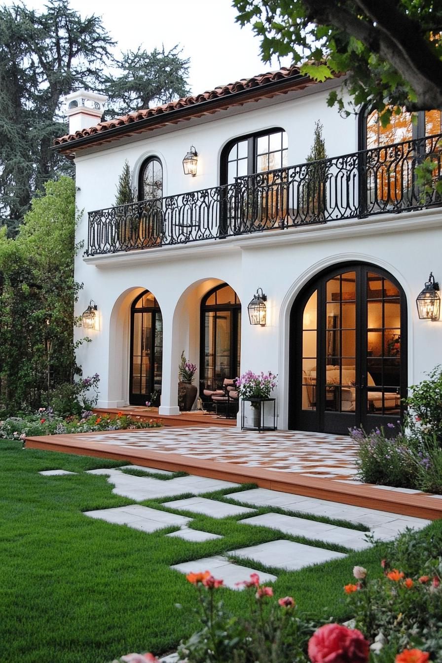 small modern white spanish house with arched modern windows balcony with iron railings and ornate braces small wooden deck under the balcony grass 1