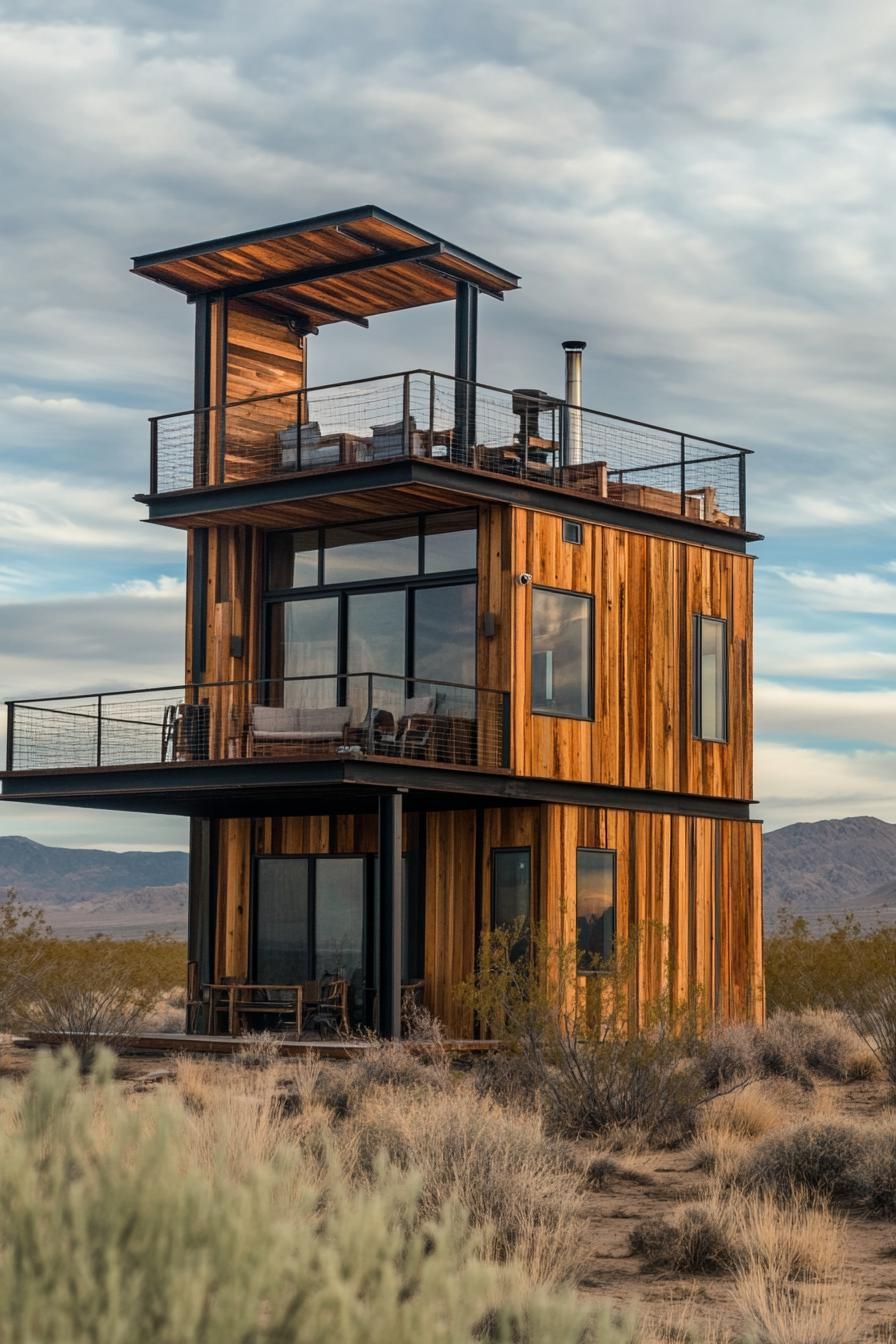 modern timber cabin house two level loft with rooftop deck in an arid picturesque landscape 3