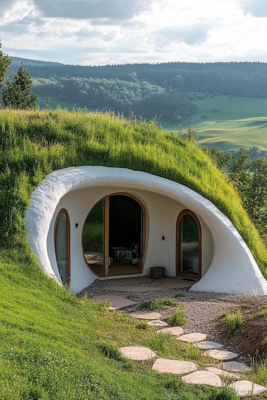 modern earth bermed dome house with grass covered roof in beautiful green valley 1