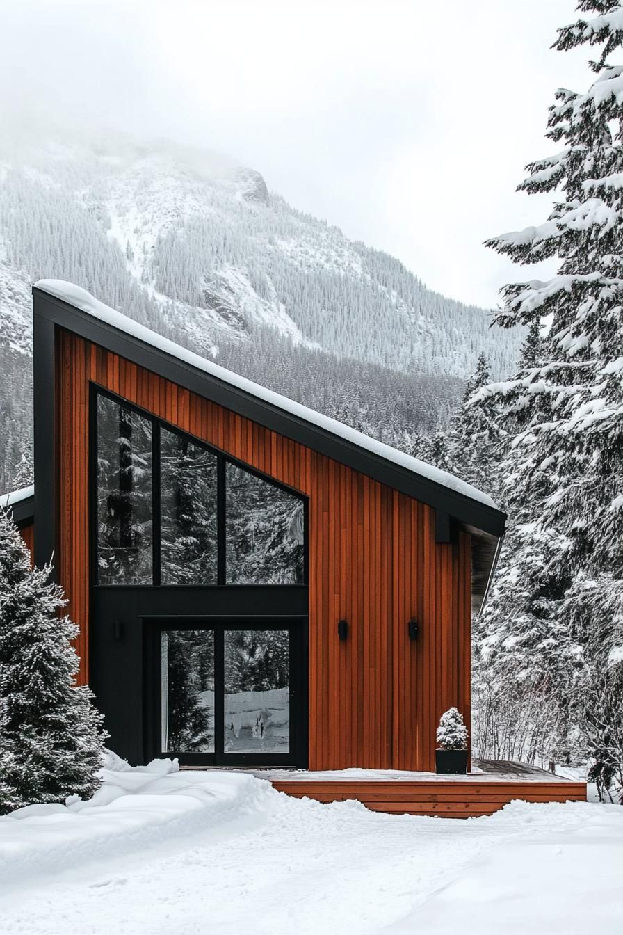 mid century modern cabin facade with black trim imposing snowy mountain in the background 2