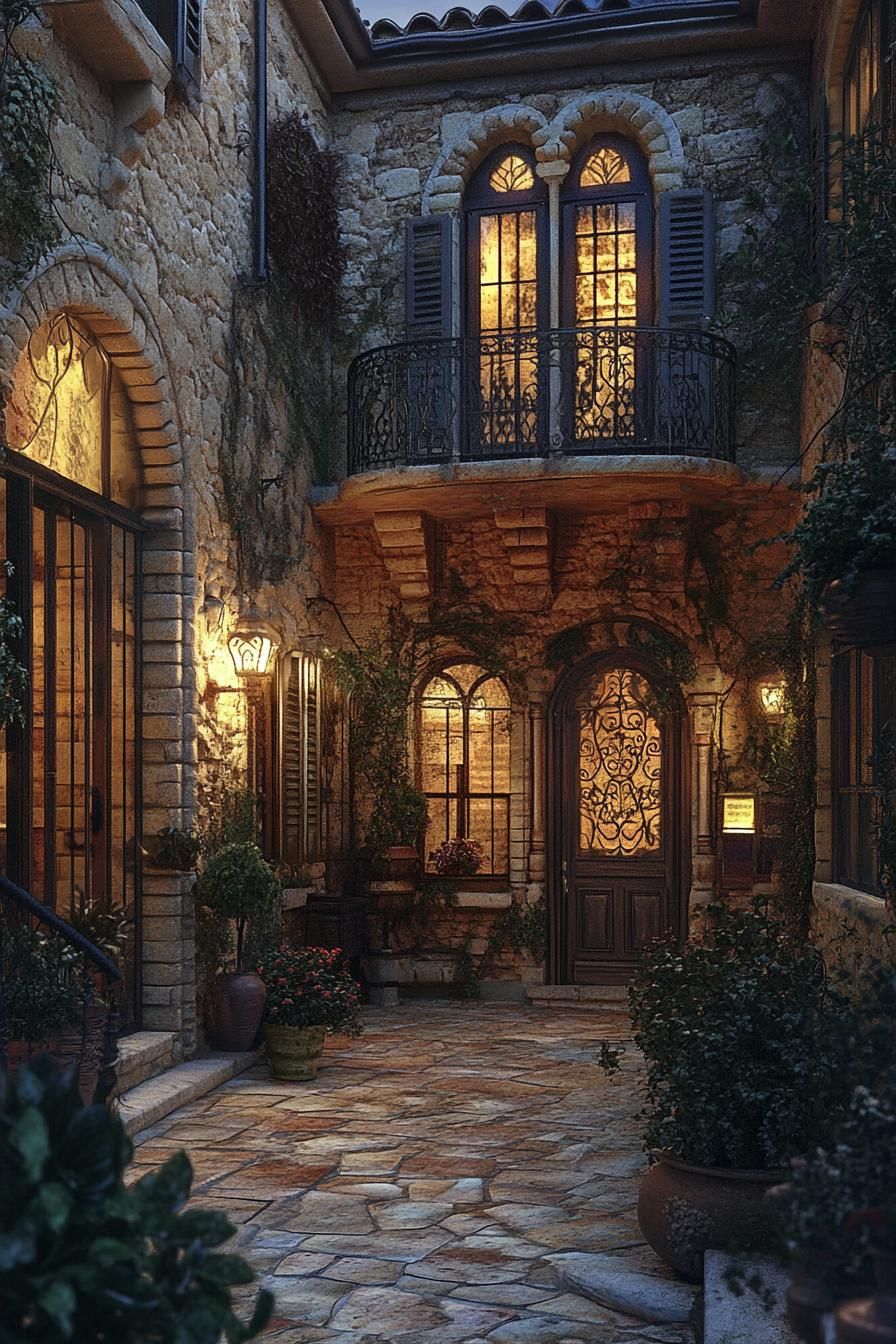 mediterranean inner courtyard house with stone mosaic siding arched doors windows with shutters iron balcony lamp fixtures stone mosaic tile 3