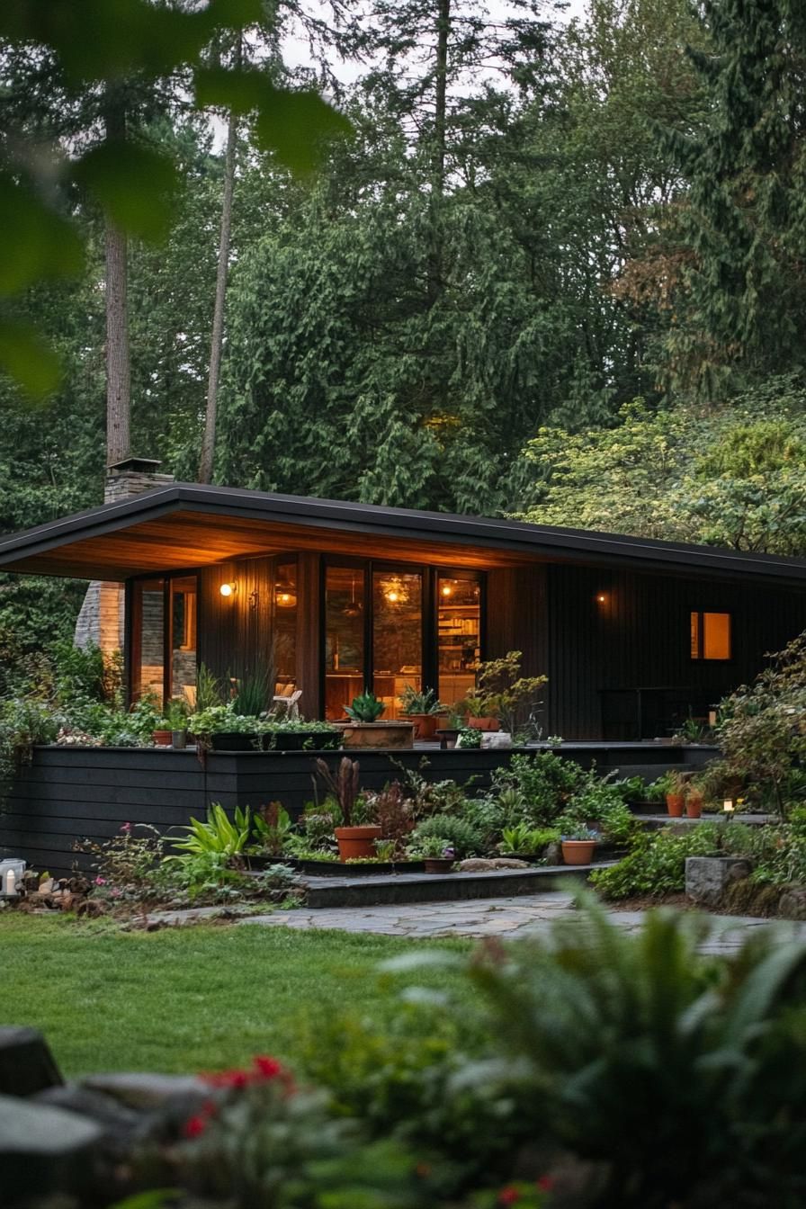 mid century modern cabin facade with integrated planters picturesque green farmlands