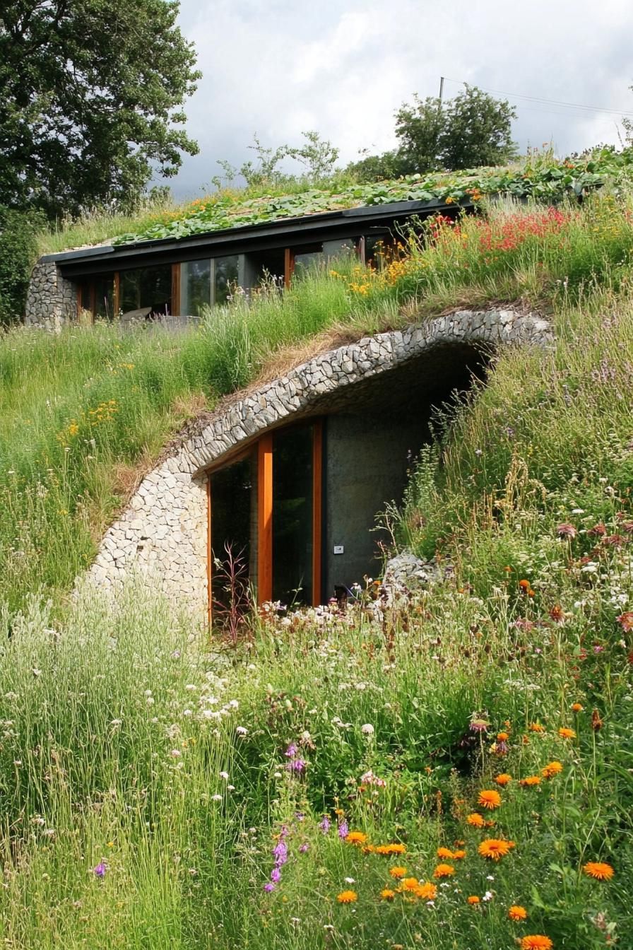 modern earth sheltered house in farmland built into hillside with herb gardens on the roof wildflower meadows surrounding