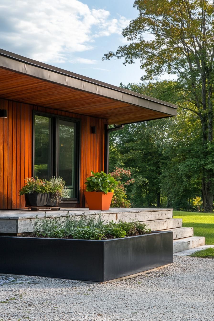 mid century modern cabin facade with integrated planters picturesque green farmlands 1