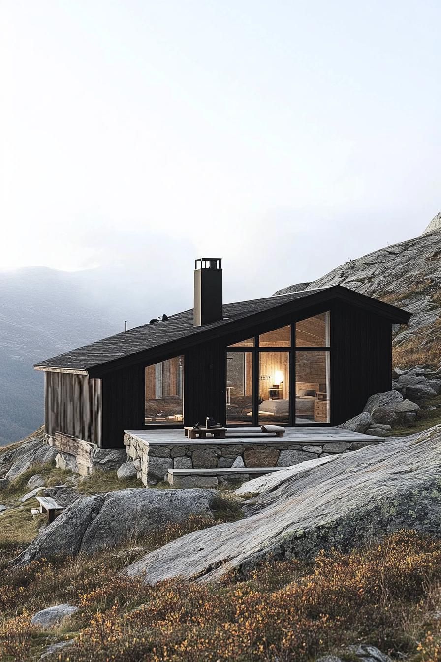 mid century modern cabin with wood and stone cladding stunning Scandinavian mountain landscape