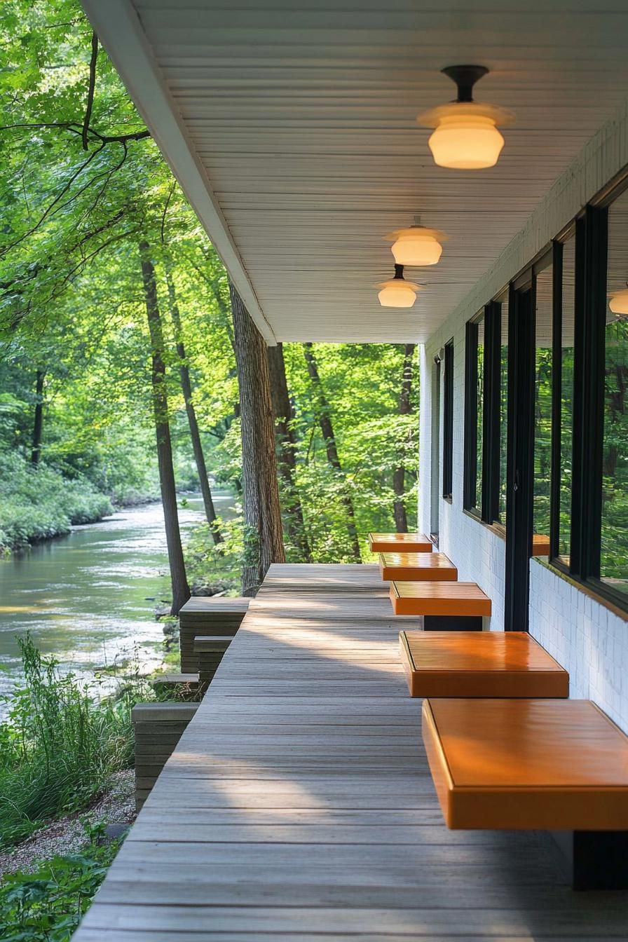 mid century modern house front porch with built in benches with a river lined with trees visible 2