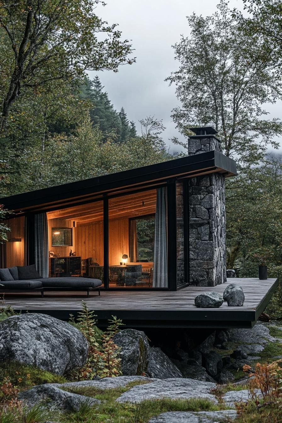 mid century modern cabin with wood and stone cladding stunning Scandinavian mountain landscape 1