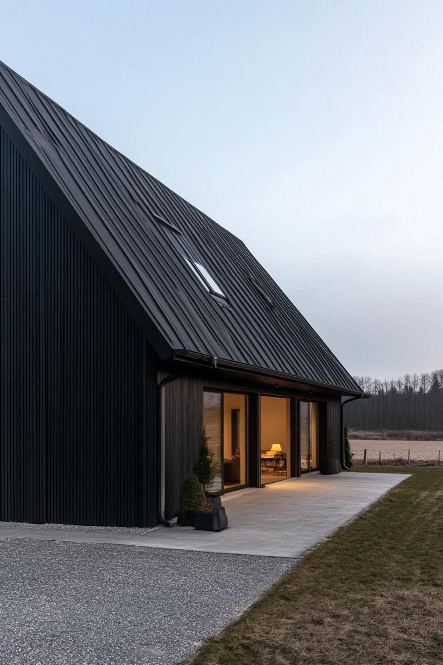 modern rural barn style house facade with black siding in neat Swiss plains 1
