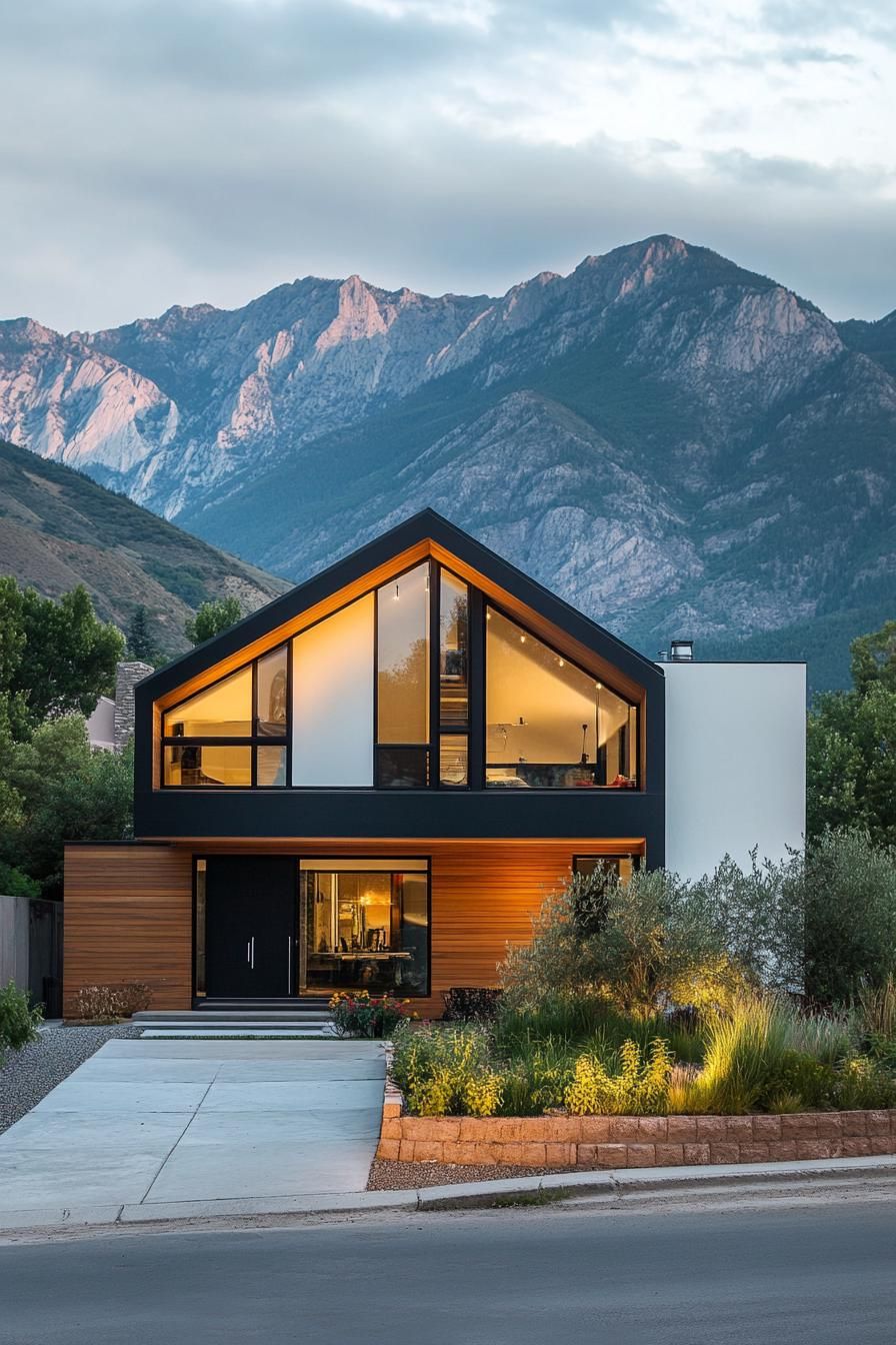 modern 90s style house facade with geometric windows stunning mountains in the background