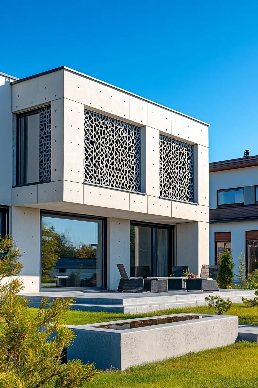 modern house with precast concrete facade with geometric patterns suburban neighborhood in summer