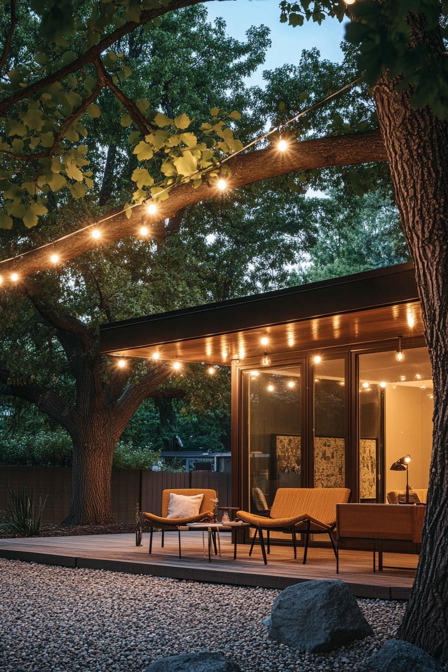 mid century modern house front porch with retro furniture trees with string lights in the yard 3