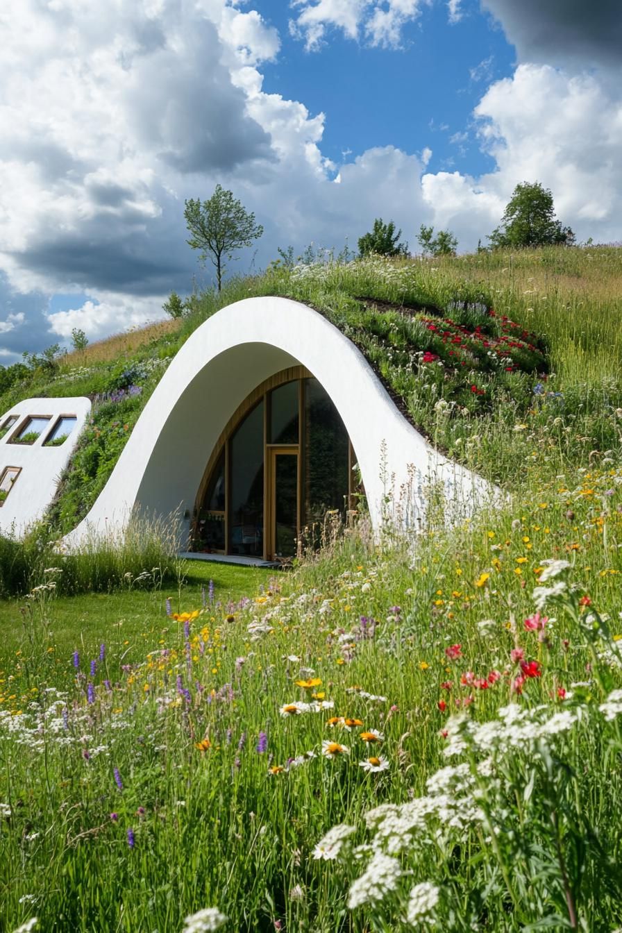 modern earth sheltered house in farmland built into hillside with herb gardens on the roof wildflower meadows surrounding 3