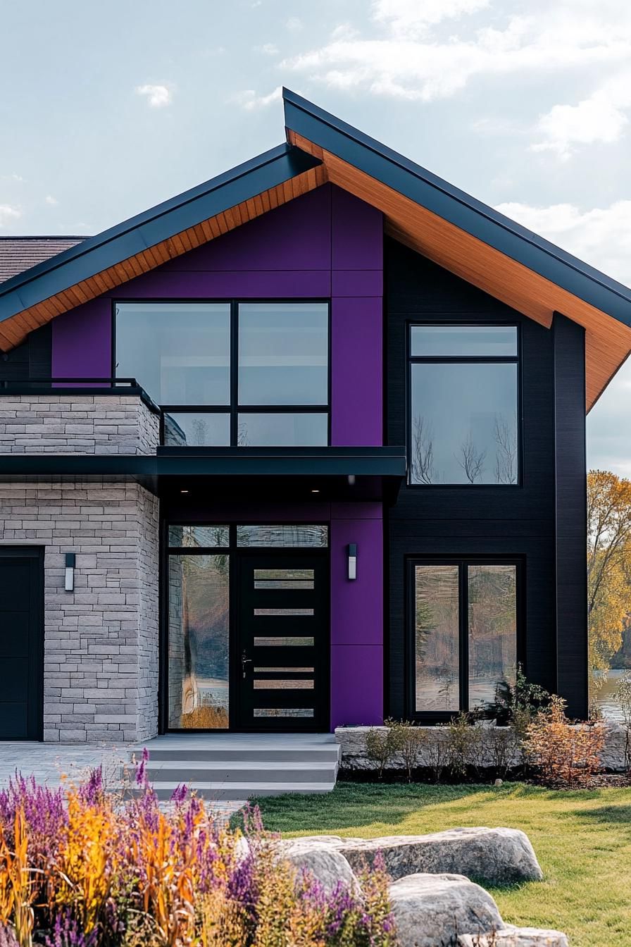 modern 90s style house facade with purple geometric paint color accents beautiful lake in the background 1