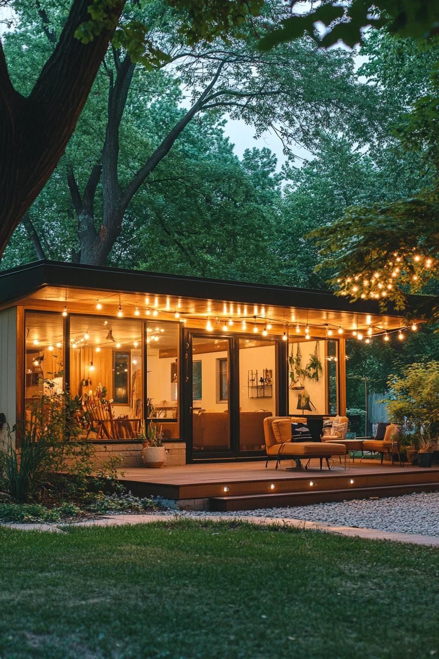 mid century modern house front porch with retro furniture trees with string lights in the yard 1