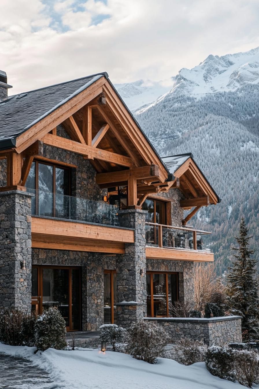 modern French chalet house exterior with wooden beams and stone facade stunning snowy mountains in the background