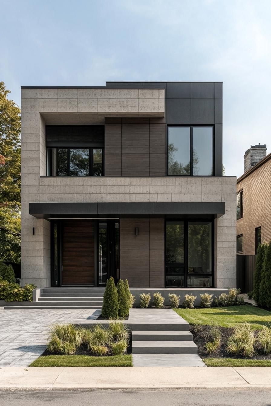 modern house with precast concrete facade with geometric patterns suburban neighborhood in summer 1